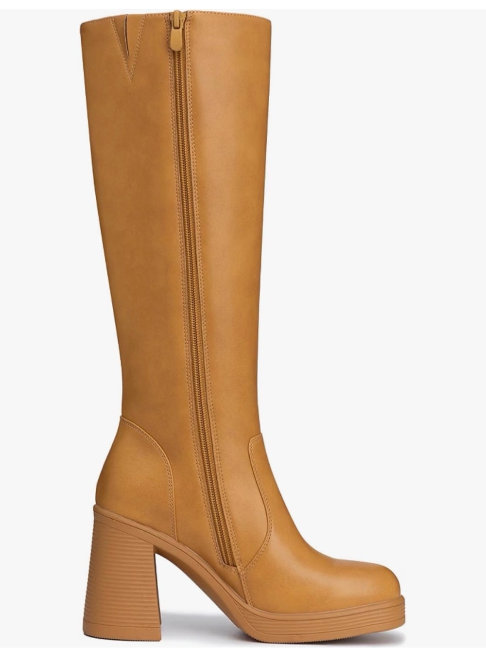 Tall Tan Block-Heel Zip Knee Boot